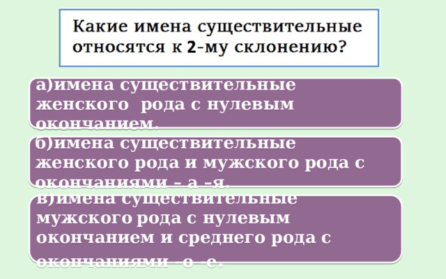 а)имена существительные женского рода с нулевым окончанием. б)имена существительные женского рода и мужского рода с окончаниями – а –я. в)имена существительные мужского  рода с нулевым окончанием и среднего рода с окончаниями –о -е . 