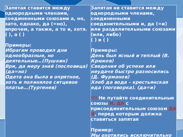 Запятая ставится между однородными членами, соединенными союзами а, но, зато, однако, да (=но), впрочем, а также, а то и, хотя.  ( ), а ( )   Примеры:  Ибрагим проводил дни однообразные, но деятельные…(Пушкин)  Ври, да меру знай (пословица) (да=но)  Одета она была в опрятное, хоть и полинялое ситцевое платье…(Тургенев) Запятая не ставится между однородными членами, соединенными соединительными и, да (=и) или разделительными союзами (или, либо)  ( ) и ( )   Примеры:  День был ясный и теплый (В. Крюков)  Сведения об успехе или неудаче быстро разносились (Д. Фурманов)  Хлеб да вода – крестьянская еда (поговорка). (да=и)   !!!  Не путайте соединительные союзы  И, ДА  с присоединительным союзом  ДА И , перед которым должна ставиться запятая   Пример:  Мы охотились исключительно за белыми, да и у тех отрезали одни шляпки (В. Солоухин) 