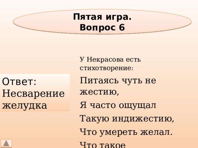 Пятая игра. Вопрос 6 У Некрасова есть стихотворение: Питаясь чуть не жестию, Я часто ощущал Такую индижестию, Что умереть желал. Что такое «иждевестия»? Ответ: Несварение желудка 