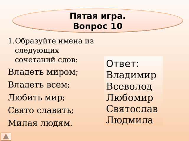 Пятая игра. Вопрос 10 Образуйте имена из следующих сочетаний слов: Владеть миром; Владеть всем; Любить мир; Свято славить; Милая людям. Ответ: Владимир Всеволод Любомир Святослав Людмила 