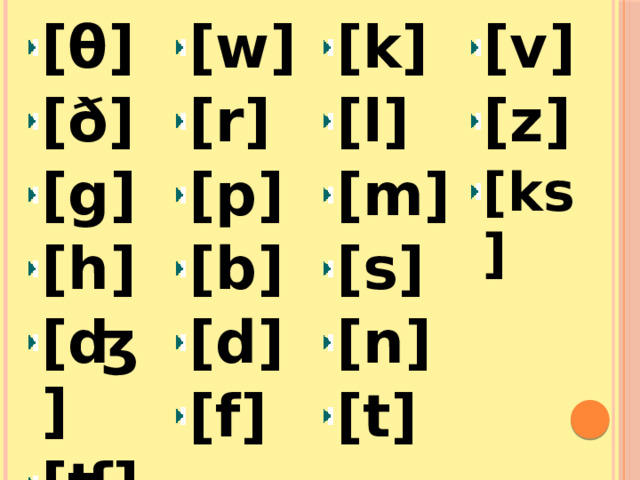 [θ] [ð] [g] [h] [ʤ] [ʧ] [w] [r] [p] [b] [d] [f] [k] [l] [m] [s] [n] [t] [v] [z] [ks] 
