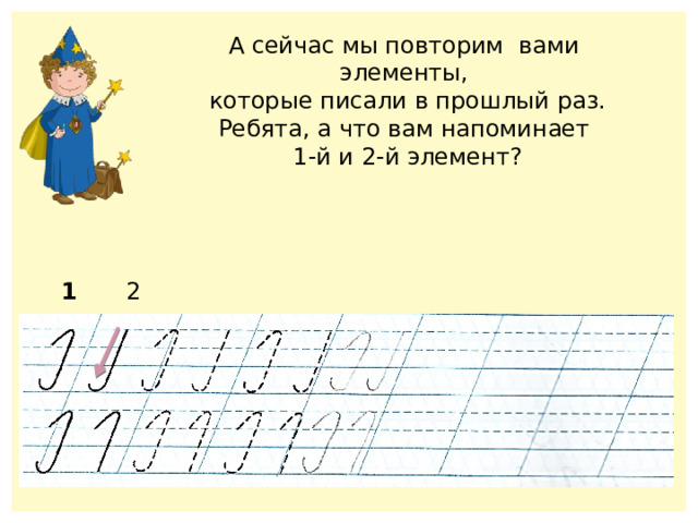 А сейчас мы повторим вами элементы,  которые писали в прошлый раз. Ребята, а что вам напоминает  1-й и 2-й элемент? 1 2 