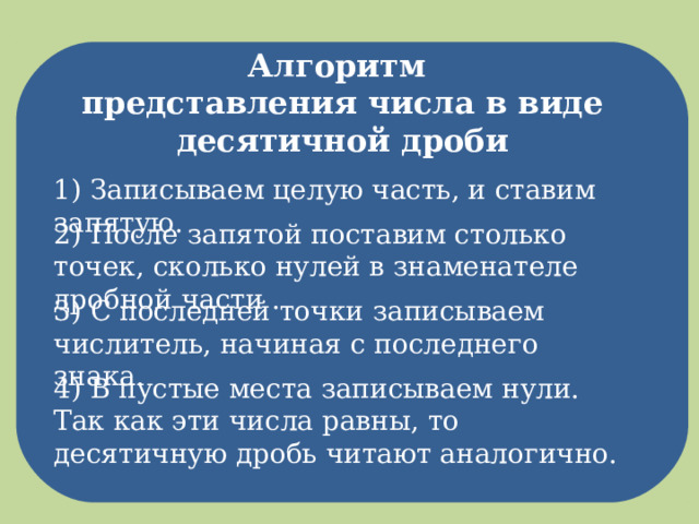 Алгоритм представления числа в виде десятичной дроби 1) Записываем целую часть, и ставим запятую. 2) После запятой поставим столько точек, сколько нулей в знаменателе дробной части . 3) С последней точки записываем числитель, начиная с последнего знака. 4) В пустые места записываем нули. Так как эти числа равны, то десятичную дробь читают аналогично. 