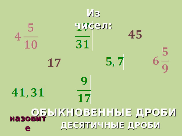 Из чисел: ОБЫКНОВЕННЫЕ ДРОБИ назовите ДЕСЯТИЧНЫЕ ДРОБИ 