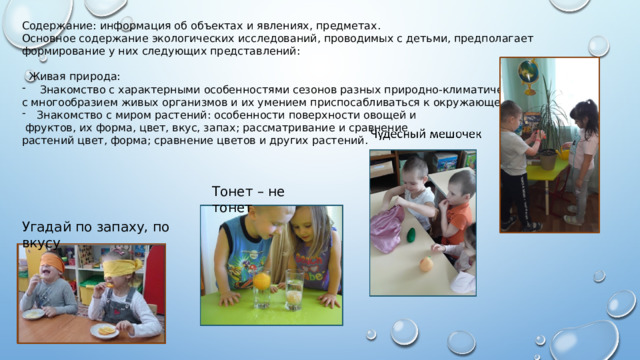 Содержание: информация об объектах и явлениях, предметах. Основное содержание экологических исследований, проводимых с детьми, предполагает формирование у них следующих представлений:  Живая природа:  Знакомство с характерными особенностями сезонов разных природно-климатических зон, с многообразием живых организмов и их умением приспосабливаться к окружающей среде. Знакомство с миром растений: особенности поверхности овощей и  фруктов, их форма, цвет, вкус, запах; рассматривание и сравнение растений цвет, форма; сравнение цветов и других растений.  Тонет – не тонет Угадай по запаху, по вкусу 