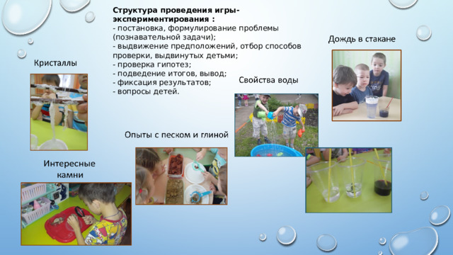 Структура проведения игры-экспериментирования : - постановка, формулирование проблемы (познавательной задачи); - выдвижение предположений, отбор способов проверки, выдвинутых детьми; - проверка гипотез; - подведение итогов, вывод; - фиксация результатов; - вопросы детей. 