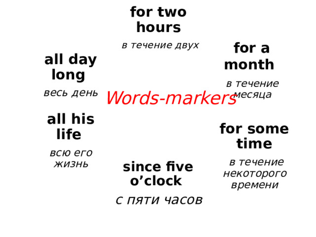 for two hours   в течение двух часов for a month   в течение месяца all day long   весь день Words-markers all his life   всю его жизнь for some time   в течение некоторого времени since five o’clock   с пяти часов 