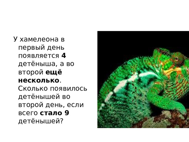 .  У хамелеона в первый день появляется 4 детёныша, а во второй ещё несколько . Сколько появилось детёнышей во второй день, если всего стало 9 детёнышей? 