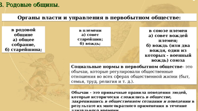 3. Родовые общины. Органы власти и управления в первобытном обществе: в родовой общине а) общее собрание, б) старейшина; в племени а) совет старейшин; б) вождь; в союзе племен а) совет вождей племен; б) вождь (или два вождя, один из которых - военный вождь) союза племен. Социальные нормы в первобытном обществе - это обычаи, которые регулировали общественные отношения во всех сферах общественной жизни (быт, семья, труд, религия и т. д.). Обычаи - это привычные правила поведения людей, которые исторически  сложились в обществе, закрепившись в общественном сознании и поведении  в результате их многократного применения в течение длительного времени. 