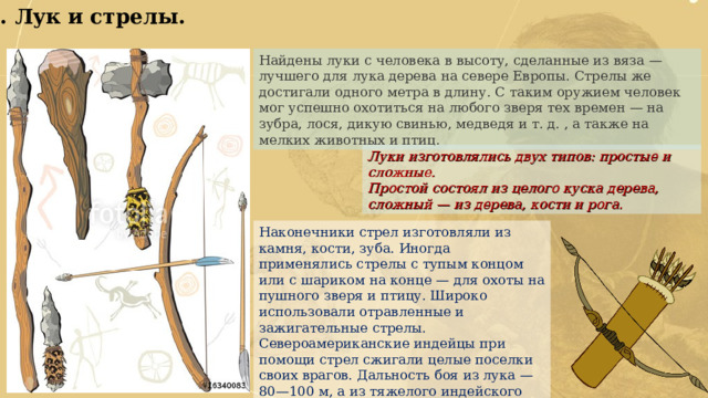 4. Лук и стрелы. Найдены луки с человека в высоту, сделанные из вяза — лучшего для лука дерева на севере Европы. Стрелы же достигали одного метра в длину. С таким оружием человек мог успешно охотиться на любого зверя тех времен — на зубра, лося, дикую свинью, медведя и т. д. , а также на мелких животных и птиц. Луки изготовлялись двух типов: простые и сложные. Простой состоял из целого куска дерева, сложный — из дерева, кости и рога. Наконечники стрел изготовляли из камня, кости, зуба. Иногда применялись стрелы с тупым концом или с шариком на конце — для охоты на пушного зверя и птицу. Широко использовали отравленные и зажигательные стрелы. Североамериканские индейцы при помощи стрел сжигали целые поселки своих врагов. Дальность боя из лука — 80—100 м, а из тяжелого индейского лука мастера стреляли на 450 м. 
