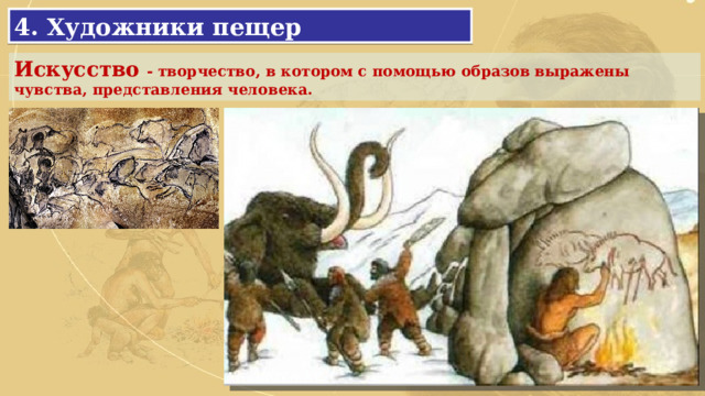 4. Художники пещер Искусство - творчество, в котором с помощью образов выражены чувства, представления человека. 