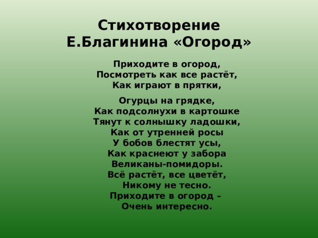Стихотворение Е.Благинина «Огород» Приходите в огород,  Посмотреть как все растёт,  Как играют в прятки, Огурцы на грядке,  Как подсолнухи в картошке  Тянут к солнышку ладошки,  Как от утренней росы  У бобов блестят усы,  Как краснеют у забора  Великаны-помидоры.  Всё растёт, все цветёт,  Никому не тесно.  Приходите в огород –  Очень интересно. Приходите в огород,  Посмотреть как все растёт,  Как играют в прятки, Огурцы на грядке,  Как подсолнухи в картошке  Тянут к солнышку ладошки,  Как от утренней росы  У бобов блестят усы,  Как краснеют у забора  Великаны-помидоры.  Всё растёт, все цветёт,  Никому не тесно.  Приходите в огород –  Очень интересно.  