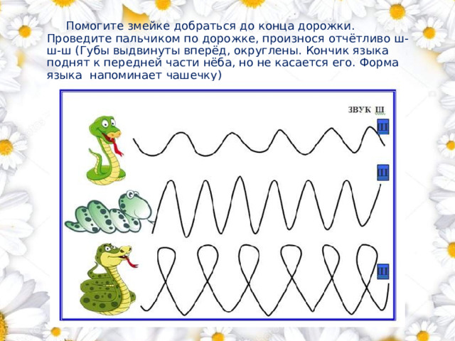  Помогите змейке добраться до конца дорожки. Проведите пальчиком по дорожке, произнося отчётливо ш-ш-ш (Губы выдвинуты вперёд, округлены. Кончик языка поднят к передней части нёба, но не касается его. Форма языка напоминает чашечку)        1 