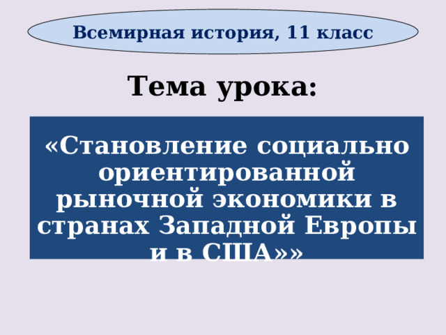 Всемирная история, 11 класс Тема урока:  «Становление социально ориентированной рыночной экономики в странах Западной Европы и в США»»      