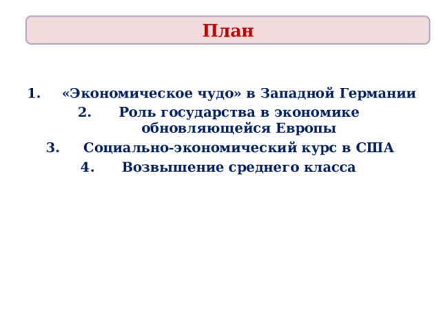 План «Экономическое чудо» в Западной Германии Роль государства в экономике обновляющейся Европы Социально-экономический курс в США Возвышение среднего класса 