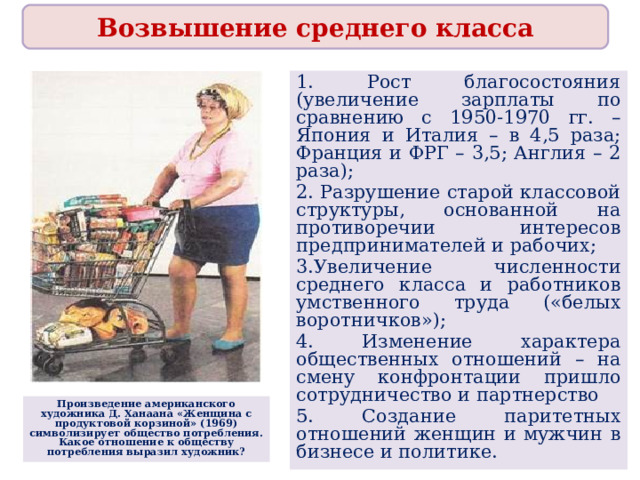 Возвышение среднего класса 1. Рост благосостояния (увеличение зарплаты по сравнению с 1950-1970 гг. – Япония и Италия – в 4,5 раза; Франция и ФРГ – 3,5; Англия – 2 раза); 2. Разрушение старой классовой структуры, основанной на противоречии интересов предпринимателей и рабочих; 3.Увеличение численности среднего класса и работников умственного труда («белых воротничков»); 4. Изменение характера общественных отношений – на смену конфронтации пришло сотрудничество и партнерство 5. Создание паритетных отношений женщин и мужчин в бизнесе и политике. Произведение американского художника Д. Ханаана «Женщина с продуктовой корзиной» (1969) символизирует общество потребления. Какое отношение к обществу потребления выразил художник? 