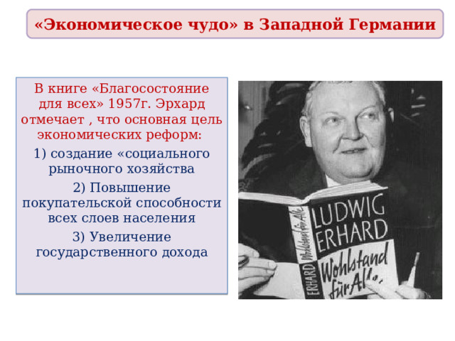 «Экономическое чудо» в Западной Германии В книге «Благосостояние для всех» 1957г. Эрхард отмечает , что основная цель экономических реформ: 1) создание «социального рыночного хозяйства 2) Повышение покупательской способности всех слоев населения 3) Увеличение государственного дохода 