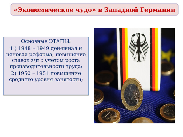 «Экономическое чудо» в Западной Германии Основные ЭТАПЫ: 1 ) 1948 – 1949 денежная и ценовая реформа, повышение ставок з\п с учетом роста производительности труда; 2) 1950 – 1951 повышение среднего уровня занятости; 