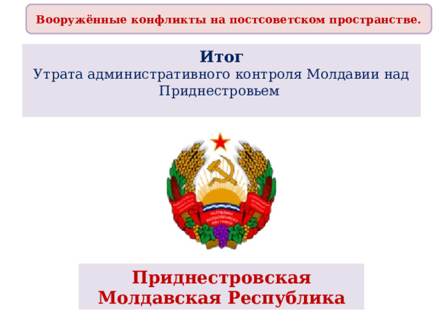 Вооружённые конфликты на постсоветском пространстве. Итог  Утрата административного контроля Молдавии над Приднестровьем   Приднестровская Молдавская Республика 