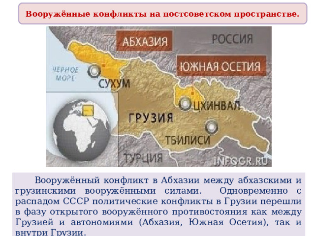Вооружённые конфликты на постсоветском пространстве.  Вооружённый конфликт в Абхазии между абхазскими и грузинскими вооружёнными силами. Одновременно с распадом СССР политические конфликты в Грузии перешли в фазу открытого вооружённого противостояния как между Грузией и автономиями (Абхазия, Южная Осетия), так и внутри Грузии. 