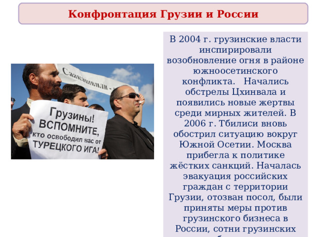 Конфронтация Грузии и России В 2004 г. грузинские власти инспирировали возобновление огня в районе южноосетинского конфликта. Начались обстрелы Цхинвала и появились новые жертвы среди мирных жителей. В 2006 г. Тбилиси вновь обострил ситуацию вокруг Южной Осетии. Москва прибегла к политике жёстких санкций. Началась эвакуация российских граждан с территории Грузии, отозван посол, были приняты меры против грузинского бизнеса в России, сотни грузинских граждан были высланы за нарушение визового режима. 