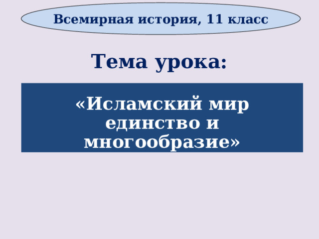 Всемирная история, 11 класс Тема урока:  «Исламский мир единство и многообразие»      