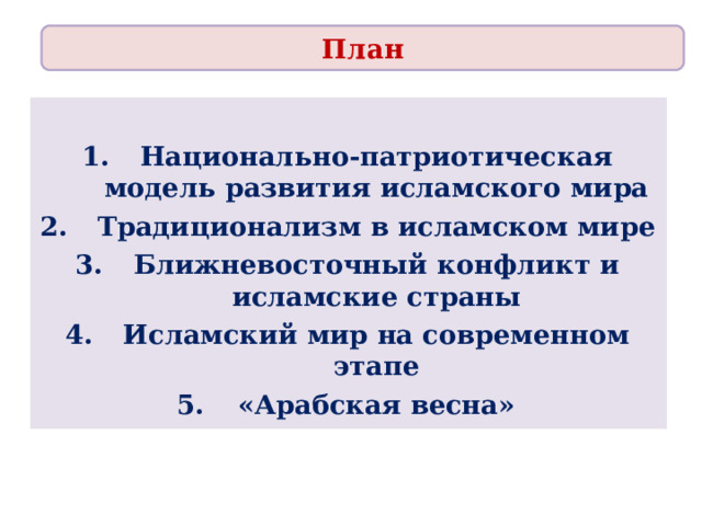 План  Национально-патриотическая модель развития исламского мира Традиционализм в исламском мире Ближневосточный конфликт и исламские страны Исламский мир на современном этапе «Арабская весна» 