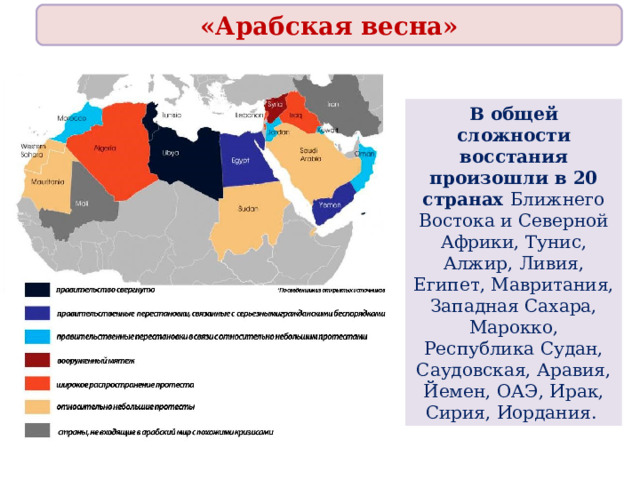 «Арабская весна» В общей сложности восстания произошли в 20 странах Ближнего Востока и Северной Африки, Тунис, Алжир, Ливия, Египет, Мавритания, Западная Сахара, Марокко, Республика Судан, Саудовская, Аравия, Йемен, ОАЭ, Ирак, Сирия, Иордания. 