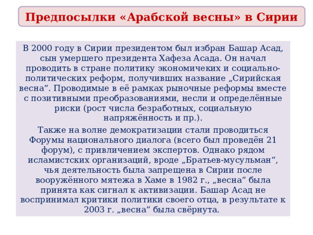 Предпосылки «Арабской весны» в Сирии В 2000 году в Сирии президентом был избран Башар Асад, сын умершего президента Хафеза Асада. Он начал проводить в стране политику экономичеких и социально-политических реформ, получивших название „Сирийская весна“. Проводимые в её рамках рыночные реформы вместе с позитивными преобразованиями, несли и определённые риски (рост числа безработных, социальную напряжённость и пр.). Также на волне демократизации стали проводиться Форумы национального диалога (всего был проведён 21 форум), с привличением экспертов. Однако рядом исламистских организаций, вроде „Братьев-мусульман“, чья деятельность была запрещена в Сирии после вооружённого мятежа в Хаме в 1982 г., „весна“ была принята как сигнал к активизации. Башар Асад не воспринимал критики политики своего отца, в результате к 2003 г. „весна“ была свёрнута. 