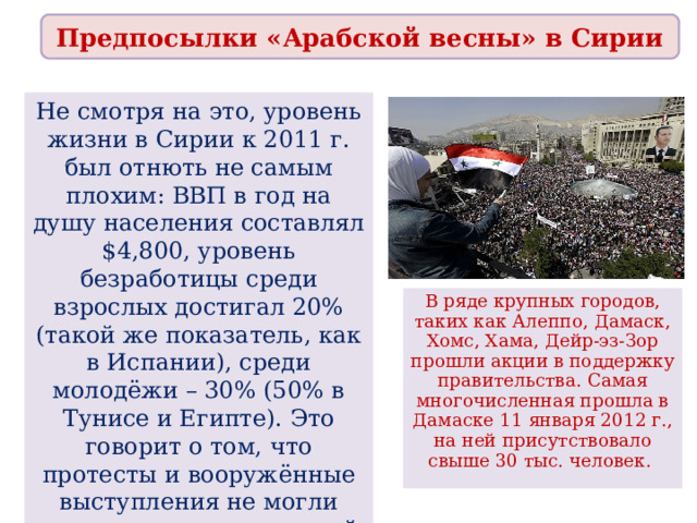 Предпосылки «Арабской весны» в Сирии Не смотря на это, уровень жизни в Сирии к 2011 г. был отнють не самым плохим: ВВП в год на душу населения составлял $4,800, уровень безработицы среди взрослых достигал 20% (такой же показатель, как в Испании), среди молодёжи – 30% (50% в Тунисе и Египте). Это говорит о том, что протесты и вооружённые выступления не могли носить истинно массовый характер. В ряде крупных городов, таких как Алеппо, Дамаск, Хомс, Хама, Дейр-эз-Зор прошли акции в поддержку правительства. Самая многочисленная прошла в Дамаске 11 января 2012 г., на ней присутствовало свыше 30 тыс. человек. 