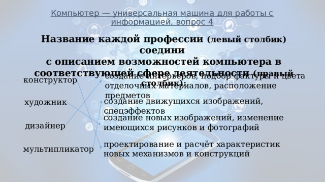 Компьютер — универсальная машина для работы с информацией, вопрос 4              _____________________________________________________________ Название каждой профессии (левый столбик) соедини с описанием возможностей компьютера в соответствующей сфере деятельности (правый столбик): создание интерьеров, подбор фактуры и цвета отделочных материалов, расположение предметов конструктор создание движущихся изображений, спецэффектов художник создание новых изображений, изменение имеющихся рисунков и фотографий дизайнер проектирование и расчёт характеристик новых механизмов и конструкций мультипликатор 