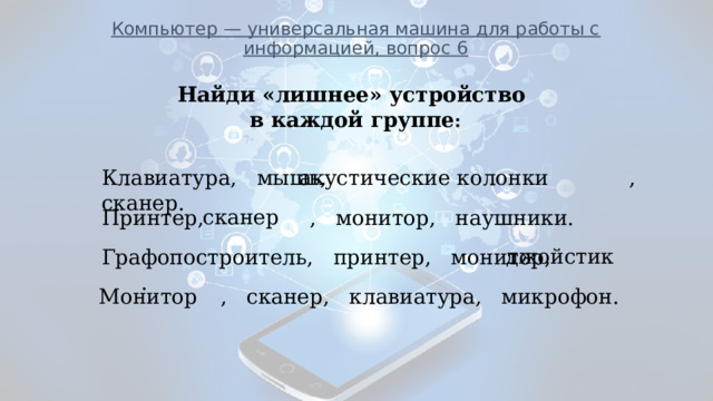 Компьютер — универсальная машина для работы с информацией, вопрос 6              _____________________________________________________ Найди «лишнее» устройство в каждой группе : акустические колонки Клавиатура, мышь, , сканер. сканер Принтер, , монитор, наушники. джойстик Графопостроитель, принтер, монитор, .  , сканер, клавиатура, микрофон. Монитор 