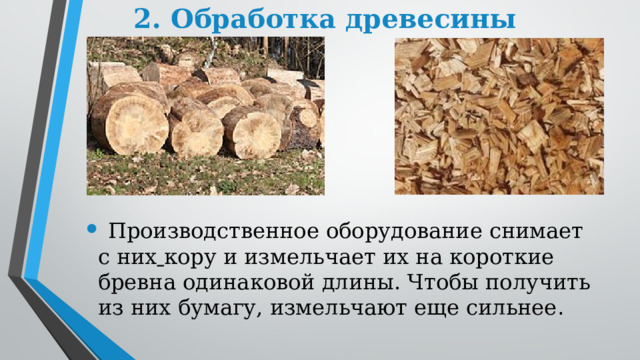 2. Обработка древесины     Производственное оборудование снимает с них   кору и измельчает их на короткие бревна одинаковой длины. Чтобы получить из них бумагу, измельчают еще сильнее . 