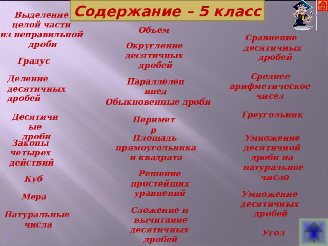 Содержание – 5 класс Выделение целой части из неправильной дроби Объем Сравнение десятичных  дробей Округление десятичных дробей Градус Среднее  арифметическое чисел Деление десятичных дробей Параллелепипед Обыкновенные дроби  Десятичные  дроби Треугольник Периметр Умножение Площадь десятичной прямоугольника дроби на и квадрата натуральное  число Законы четырех действий Решение  простейших уравнений Куб Умножение десятичных дробей Мера Сложение и вычитание десятичных дробей Натуральные  числа  Угол 