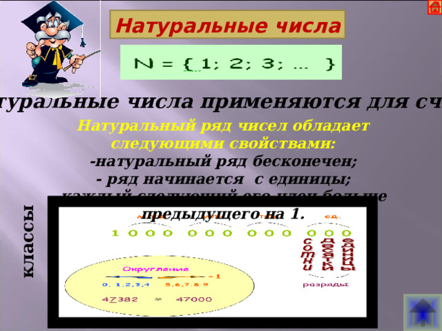 Натуральные числа Натуральные числа применяются для счета. Натуральный ряд чисел обладает следующими свойствами: -натуральный ряд бесконечен; - ряд начинается с единицы; -каждый следующий его член больше предыдущего на 1. классы  