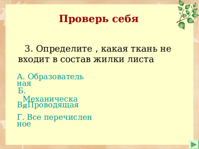 Проверь себя  3. Определите , какая ткань не входит в состав жилки листа А. Образовательная   Б. Механическая В. Проводящая  Г. Все перечисленное  