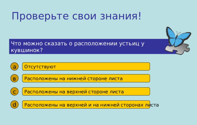 Проверьте свои знания! Что можно сказать о расположении устьиц у кувшинок? а Отсутствуют в Расположены на нижней стороне листа с Расположены на верхней стороне листа d Расположены на верхней и на нижней сторонах листа 