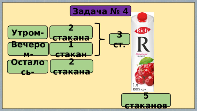 Задача № 4 Утром- 2 стакана ? 3 ст. Вечером- 1 стакан 2 стакана Осталось- 5 стаканов 
