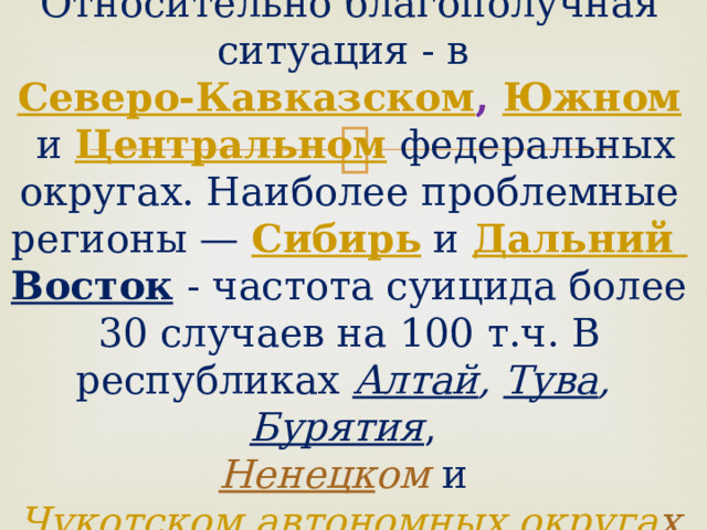  Относительно благополучная ситуация - в  Северо-Кавказском ,  Южном  и Центральном  федеральных округах. Наиболее проблемные регионы —  Сибирь  и  Дальний Восток  - частота суицида более 30 случаев на 100 т.ч. В республиках  Алтай ,  Тува ,  Бурятия ,   Ненецк ом  и  Чукотском автономных округа х - 60 случаев на 100 т. 