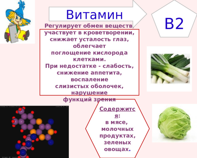 B2 Витамин Регулирует обмен веществ, участвует в кроветворении, снижает усталость глаз, облегчает поглощение кислорода клетками. При недостатке - слабость, снижение аппетита, воспаление слизистых оболочек, нарушение функций зрения Содержится : в мясе, молочных продуктах, зеленых овощах . 