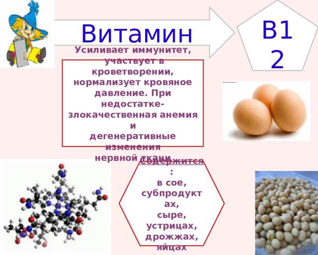 B12 Витамин Усиливает иммунитет,  участвует в кроветворении, нормализует кровяное давление. При недостатке- злокачественная анемия и дегенеративные изменения нервной ткани Содержится : в сое, субпродуктах, сыре, устрицах,  дрожжах, яйцах 