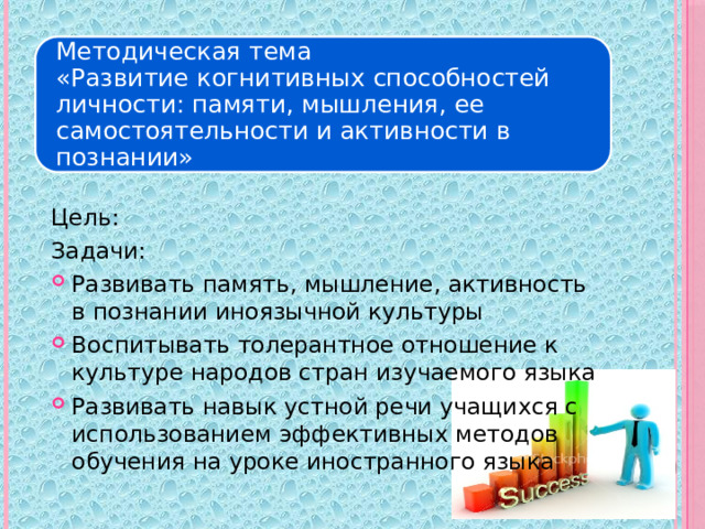 Методическая тема  «Развитие когнитивных способностей личности: памяти, мышления, ее самостоятельности и активности в познании» Цель: Задачи: Развивать память, мышление, активность в познании иноязычной культуры Воспитывать толерантное отношение к культуре народов стран изучаемого языка Развивать навык устной речи учащихся с использованием эффективных методов обучения на уроке иностранного языка 