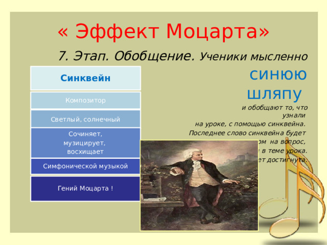 « Эффект Моцарта» 7. Этап. Обобщение. Ученики мысленно надевают  синюю шляпу  и обобщают то, что узнали на уроке, с помощью синквейна. Последнее слово синквейна будет ответом на вопрос, который был сформулирован в теме урока.  Таким образом, цель урока будет достигнута. Синквейн Композитор Светлый, солнечный Сочиняет, музицирует, восхищает Симфонической музыкой Гений Моцарта ! 