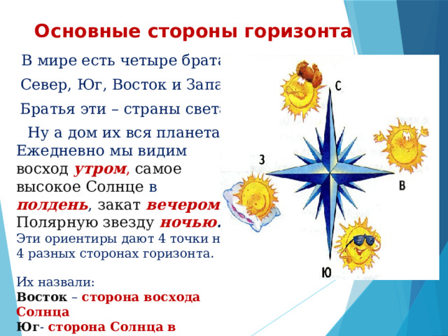Основные стороны горизонта В мире есть четыре брата: Север, Юг, Восток и Запад Братья эти – страны света, Ну а дом их вся планета. Ежедневно мы видим восход  утром , самое высокое Солнце в полдень , закат  вечером и Полярную звезду ночью . Эти ориентиры дают 4 точки на 4 разных сторонах горизонта. Их назвали: Восток – сторона восхода Солнца Юг - сторона Солнца в полдень; Запад – закат Солнца ; Север – сторона Полярной звезды . 
