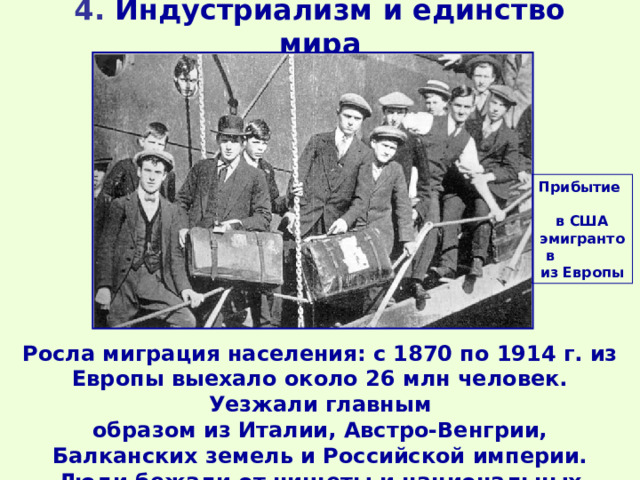 4. Индустриализм и единство мира Прибытие в США эмигрантов из Европы Росла миграция населения: с 1870 по 1914 г. из Европы выехало около 26 млн человек. Уезжали главным образом из Италии, Австро-Венгрии, Балканских земель и Российской империи. Люди бежали от нищеты и национальных притеснений. 