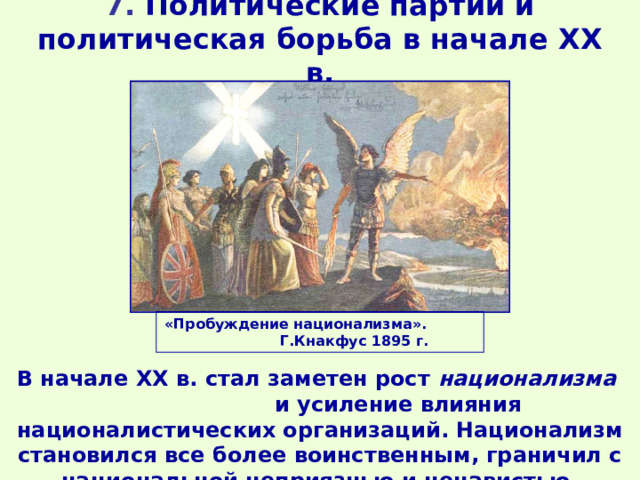 7. Политические партии и политическая борьба в начале XX в. «Пробуждение национализма». Г.Кнакфус 1895 г. В начале XX в. стал заметен рост национализма и усиление влияния националистических организаций. Национализм становился все более воинственным, граничил с национальной неприязнью и ненавистью. 
