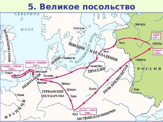5. Великое посольство По приказу Петра в 1697 г. в Европу отправляется посольство для поиска союзников для создания широкой антитурецкой коалиции. Великое посольство состояло из 250 человек, его руководителями были Ф.Лефорт, Ф.Головин и П.Возницын. Под именем урядника-волонтера Петра Михайлова в посольстве участвовал сам Петр. В 1697-1698 гг. посольство посетило Голландию, Австрию, Англию. Петр смотрел, учился, перенимал опыт. После поездки Петр решил превратить Россию в такую же развитую мощную державу, как многие европейские страны. Однако, Петр не воспринял основу европейского развития – демократические традиции. Он считал их излишними и неприемлемыми в России. 