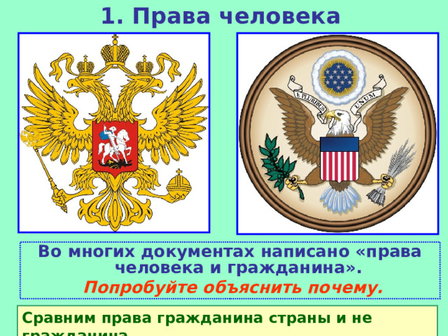 1. Права человека   Во многих документах написано «права человека и гражданина».  Попробуйте объяснить почему. Сравним права гражданина страны и не гражданина. 