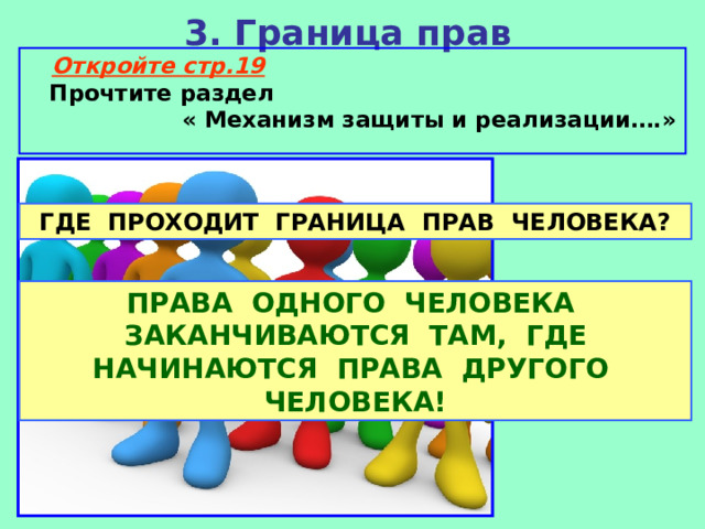 3. Граница прав Откройте стр.19  Прочтите раздел « Механизм защиты и реализации….» ГДЕ ПРОХОДИТ ГРАНИЦА ПРАВ ЧЕЛОВЕКА? ПРАВА ОДНОГО ЧЕЛОВЕКА ЗАКАНЧИВАЮТСЯ ТАМ, ГДЕ НАЧИНАЮТСЯ ПРАВА ДРУГОГО ЧЕЛОВЕКА! 