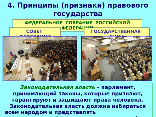 4. Принципы (признаки) правового государства ФЕДЕРАЛЬНОЕ СОБРАНИЕ РОССИЙСКОЙ ФЕДЕРАЦИИ СОВЕТ ФЕДЕРАЦИИ ГОСУДАРСТВЕННАЯ ДУМА Законодательная власть – парламент, принимающий законы, которые признают, гарантируют и защищают права человека. Законодательная власть должна избираться всем народом и представлять его интересы ( представительная власть ). 